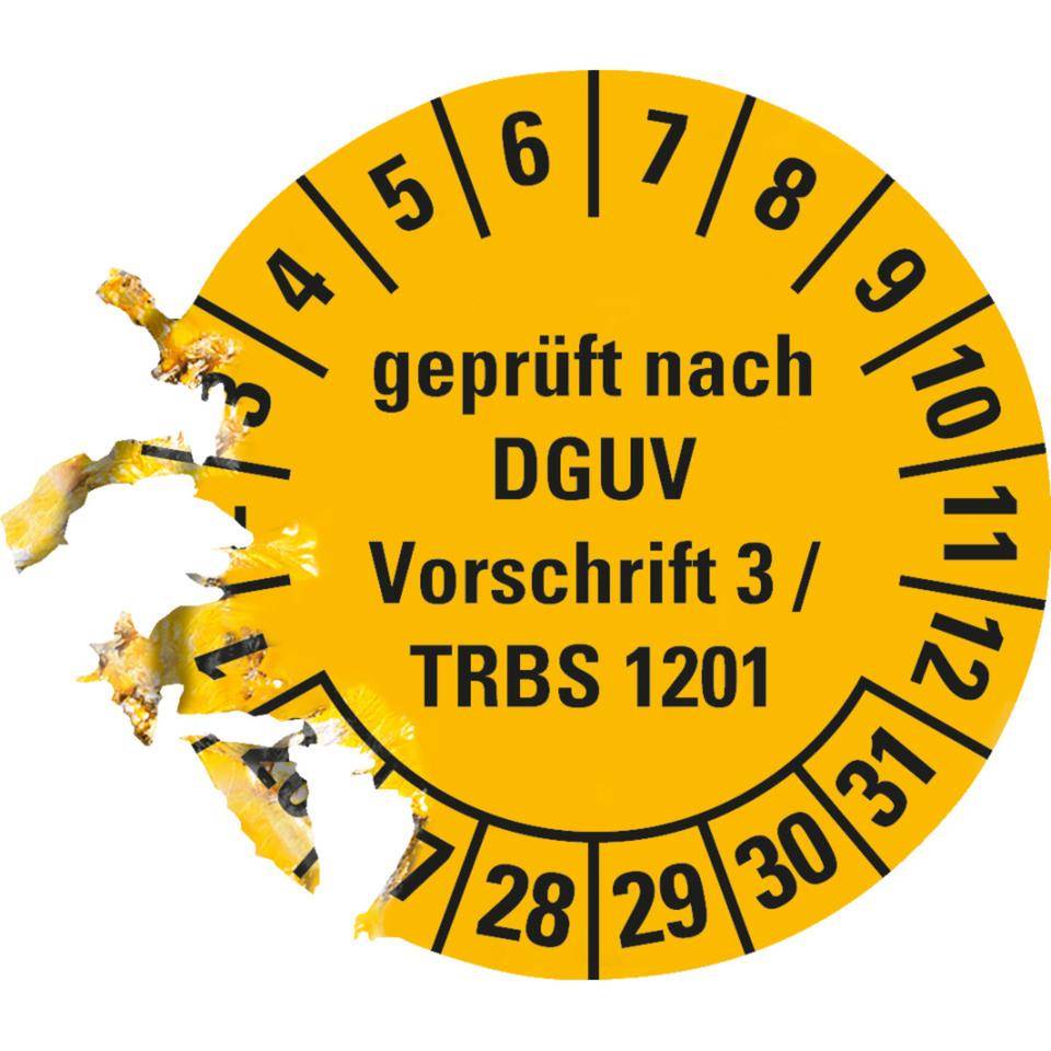 Prüfplakette DGUV Vorschrift 3/TRBS 1201, 26-31, gelb, Dokumentenfolie, Ø30mm, 18/Bogen