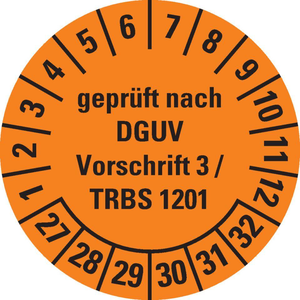 Prüfplakette DGUV Vorschrift 3/TRBS 1201, 27-32, orange, Dokumentenfolie, Ø30mm, 18/Bogen