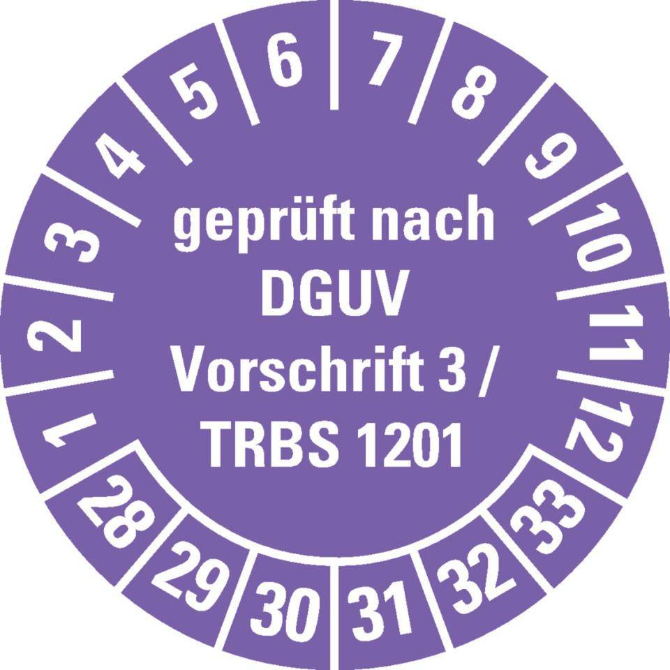 Prüfplakette DGUV Vorschrift 3/TRBS 1201, 28-33, violett, Dokumentenfolie, Ø30mm, 18/Bogen