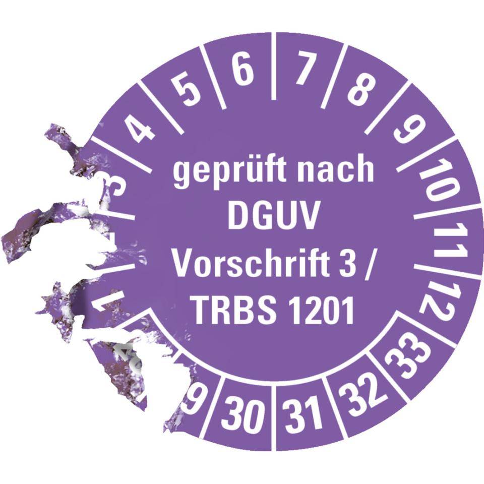 Prüfplakette DGUV Vorschrift 3/TRBS 1201, 28-33, violett, Dokumentenfolie, Ø30mm, 18/Bogen