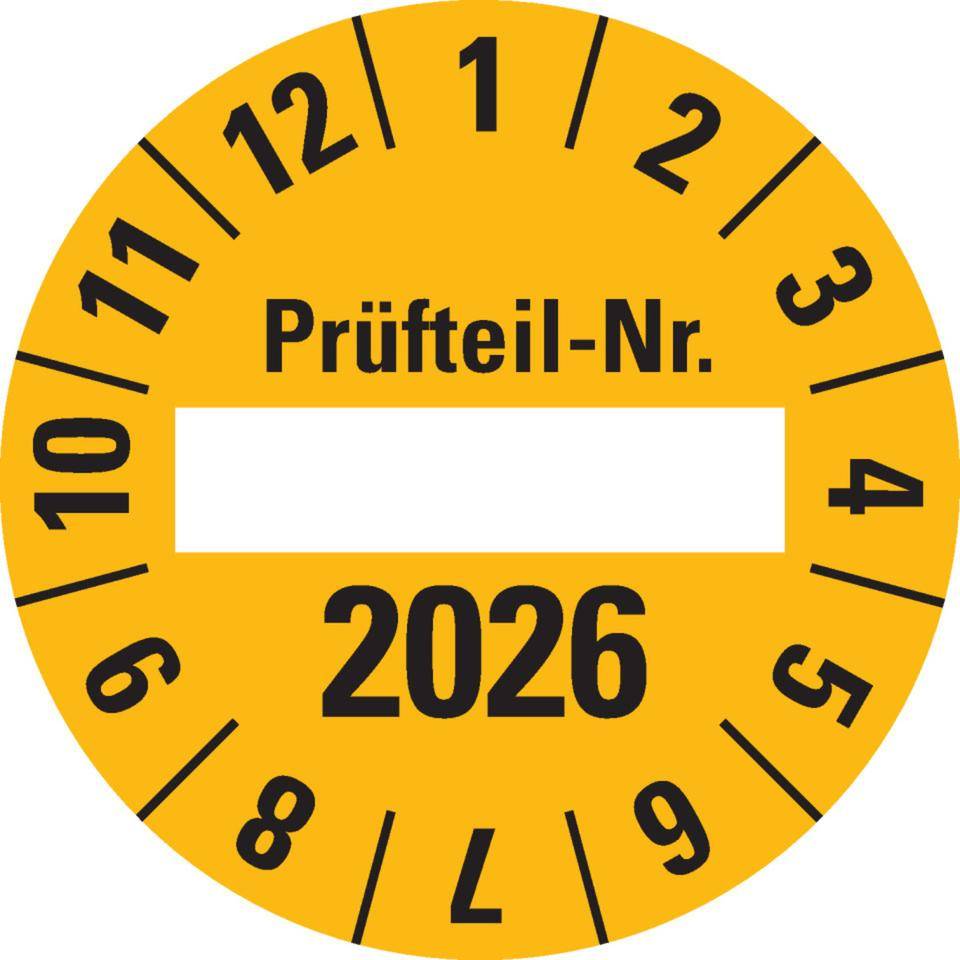 Prüfplakette 2026 Prüfteil-Nr., gelb, Folie, ablösbar, Ø 40mm, 10/Bogen