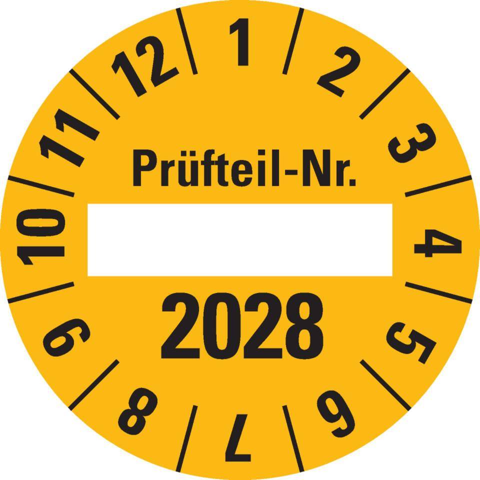 Prüfplakette 2028 Prüfteil-Nr., gelb, Folie, ablösbar, Ø 40mm, 10/Bogen