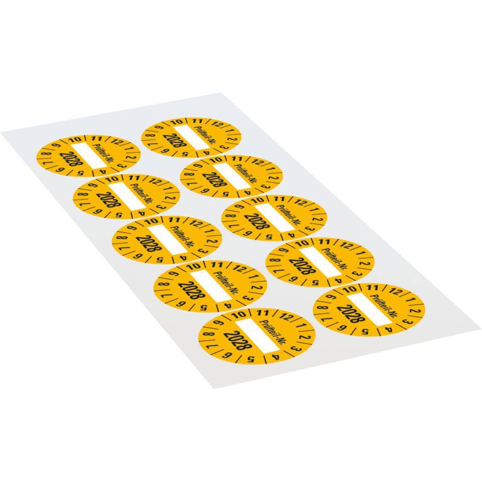 Prüfplakette 2028 Prüfteil-Nr., gelb, Folie, ablösbar, Ø 40mm, 10/Bogen