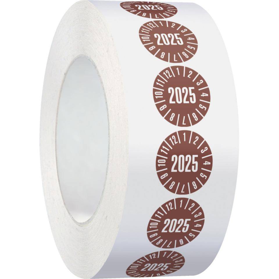 Prüfplakette 2025, braun, Folie, ablösbar, Ø 20mm, 500/Rolle