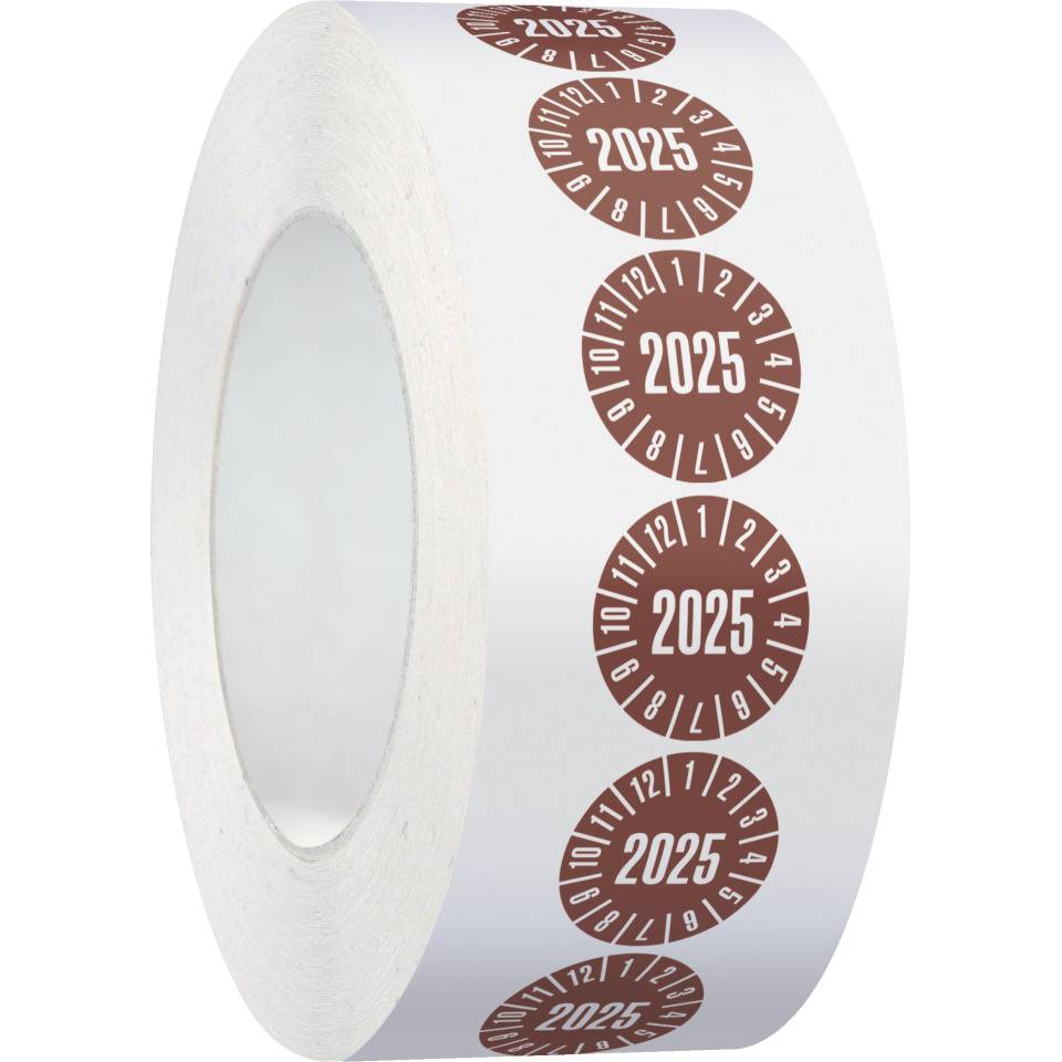 Prüfplakette 2025, braun, Dokumentenfolie, selbstklebend, Ø 20mm, 500/Rolle