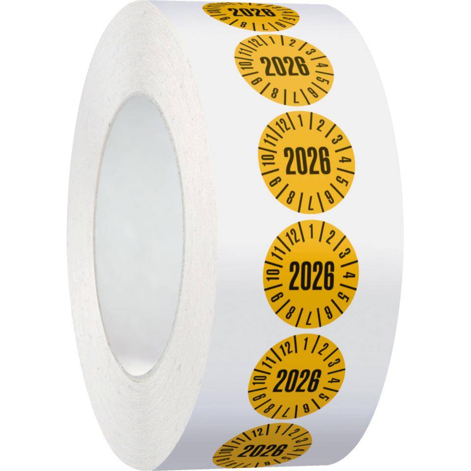 Prüfplakette 2026, gelb, Dokumentenfolie, selbstklebend, Ø 20mm, 500/Rolle