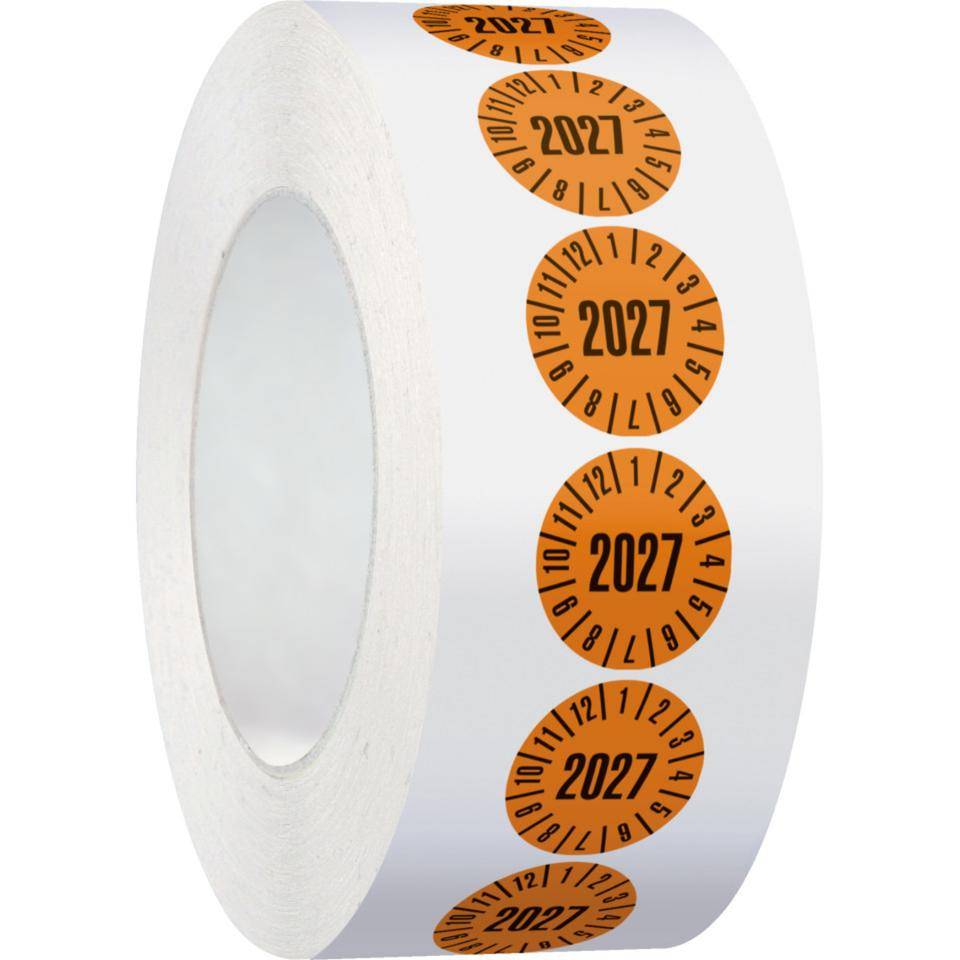 Prüfplakette 2027, orange, Folie, ablösbar, Ø 20mm, 500/Rolle