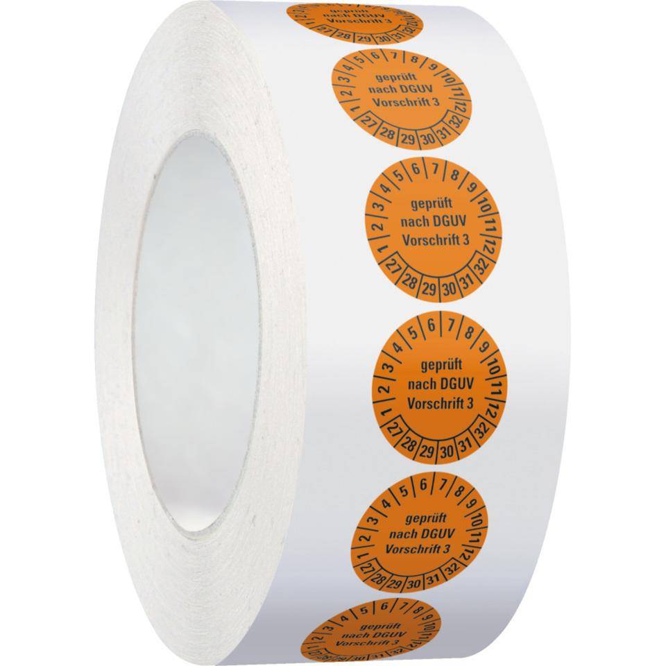 Prüfplakette geprüft nach DGUV Vorschrift 3 27-32, orange, Dokumentenfolie, Ø20mm, 500/Rolle