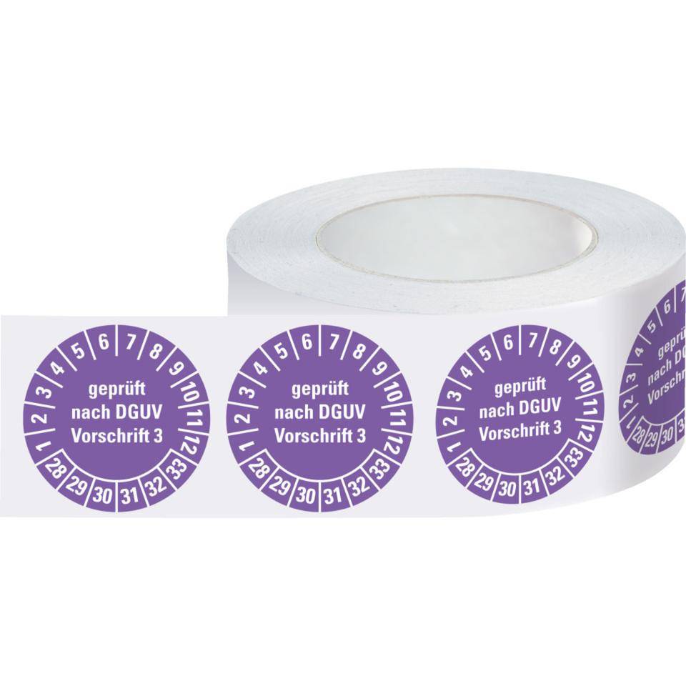 Prüfplakette Geprüft nach DGUV Vorschrift 3 28-33, violett, Dokumentenfolie, Ø15mm, 1000/Rolle