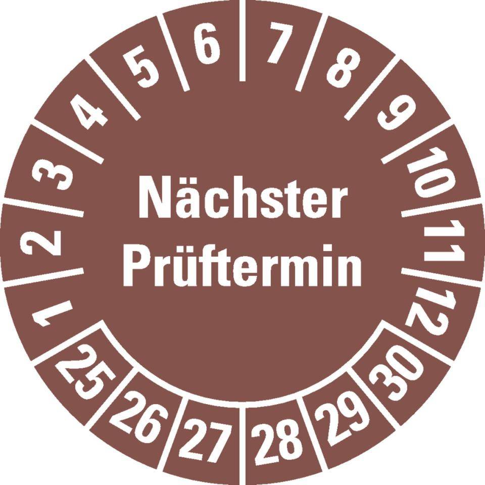 Prüfplakette Nächster Prüftermin,25-30,braun,Dokumentenfolie,Ø 20mm,500/Rolle