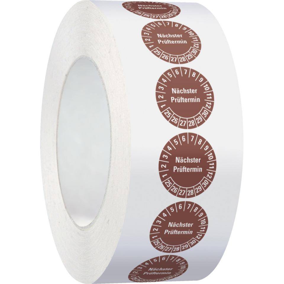 Prüfplakette Nächster Prüftermin,25-30,braun,Dokumentenfolie,Ø 20mm,500/Rolle