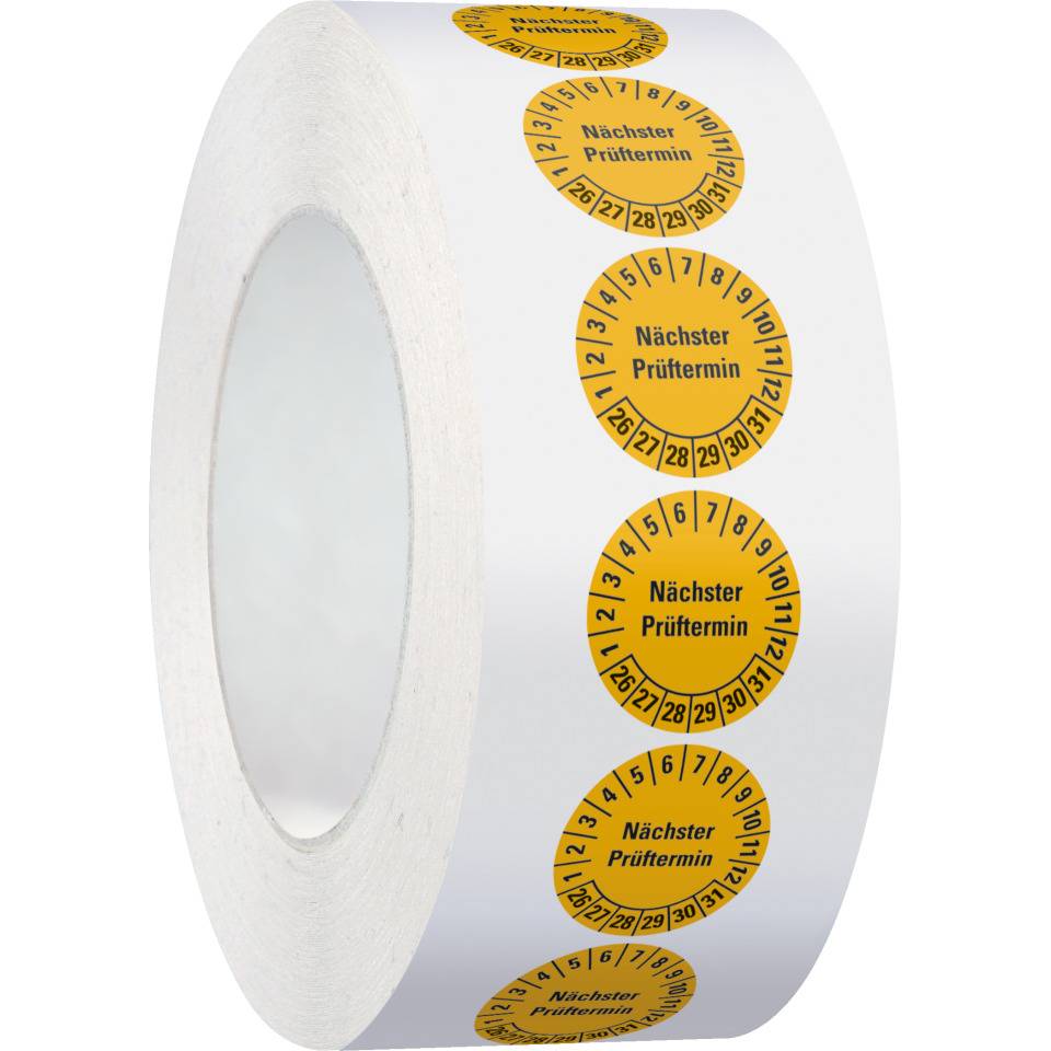 Prüfplakette Nächster Prüftermin, 26-31, gelb, Folie, ablösbare Folie, 500/Rolle
