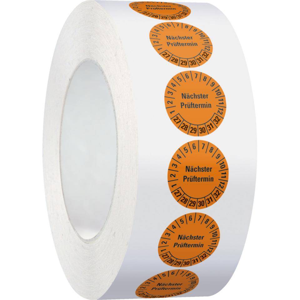 Prüfplakette Nächster Prüftermin, 27-32, orange, Dokumentenfolie, Ø 20mm, 500/Rolle
