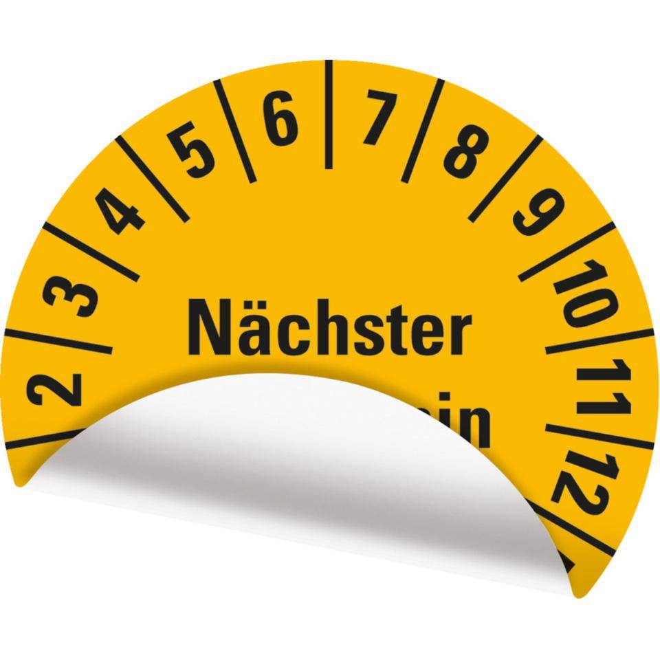Prüfplakette Nächster Prüftermin, 26-31, gelb, Folie, ablösbar, Ø20mm, 36/Bogen