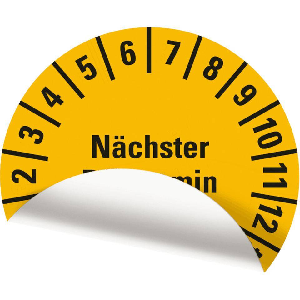 Prüfplakette Nächster Prüftermin, 27-32, gelb, Folie, ablösbar, Ø 25mm, 21/Bogen