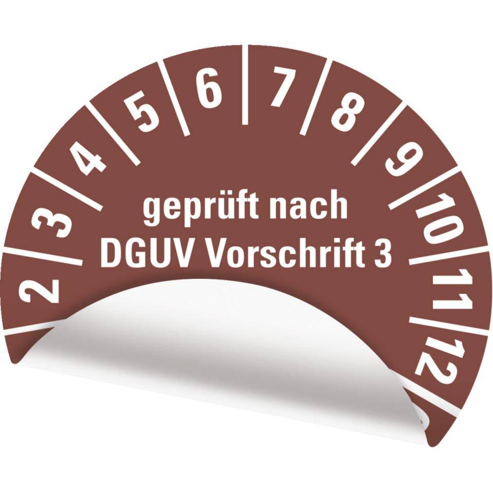 Prüfplakette geprüft nach DGUV Vorschrift 3 Nächster Prüftermin,25-30,braun,Folie,ablösbar,Ø 35mm,500/Rolle