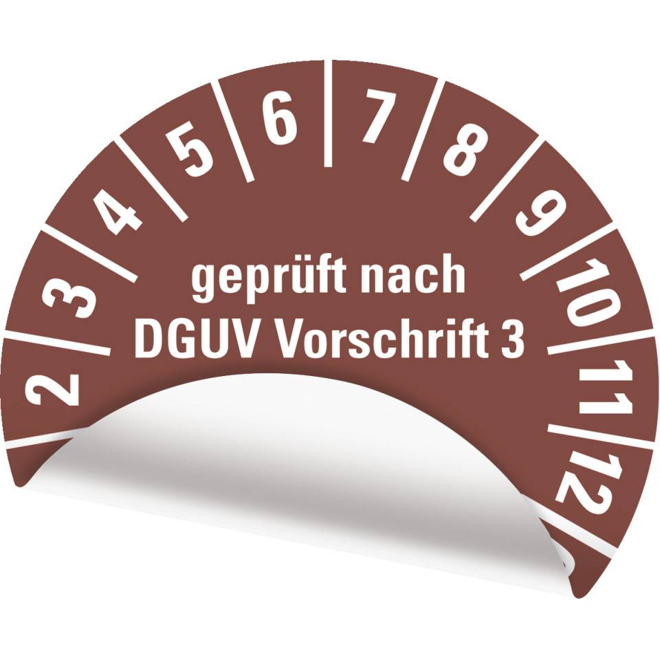 Prüfplakette geprüft nach DGUV Vorschrift 3 Nächster Prüftermin,25-30,braun,Folie,ablösbar,Ø 25mm,21/Bogen
