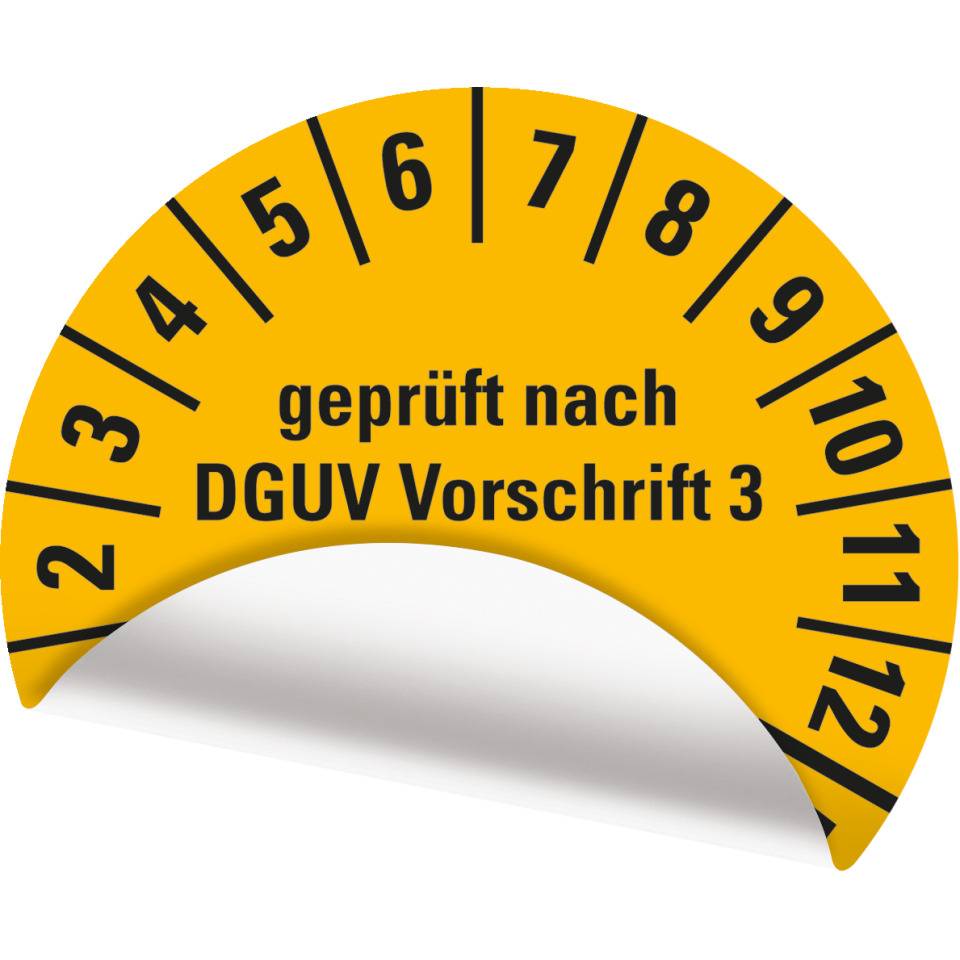 Prüfplakette geprüft nach DGUV Vorschrift 3, Nächster Prüftermin, 26-31, gelb, Cellulose-Folie, selbstklebend, Ø 30mm