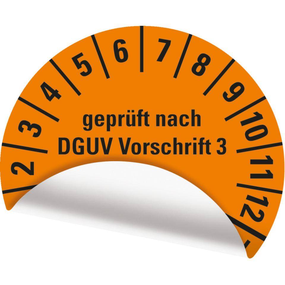 Prüfplakette geprüft DGUV Vorschrift 3, 27-32, orange, Folie, ablösbar, Ø 30mm, 108/Heft