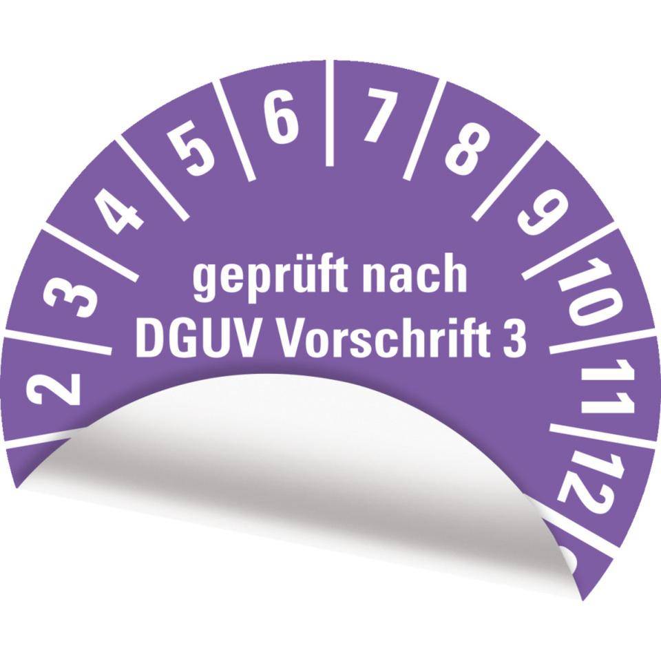 Prüfplakette Geprüft nach DGUV Vorschrift 3 Nächster Prüftermin,28-33, violett, Folie, ablösbar, Ø 25mm, 500/Rolle