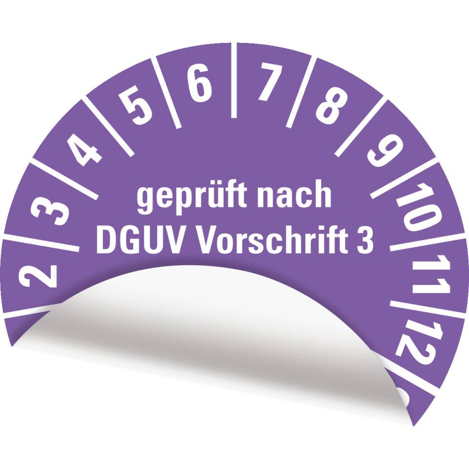 Prüfplakette Geprüft nach DGUV Vorschrift 3 Nächster Prüftermin, 28-33, violett, Folie, ablösbar, Ø 25mm, 21/Bogen