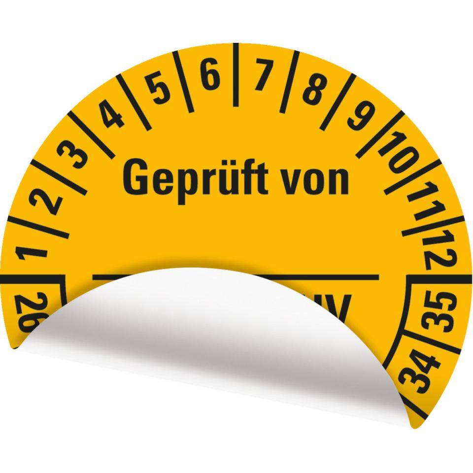 Prüfplakette geprüft DGUV Vorschrift 3, 26-35, gelb, Folie, ablösbar, Ø 25mm, 21/Bogen