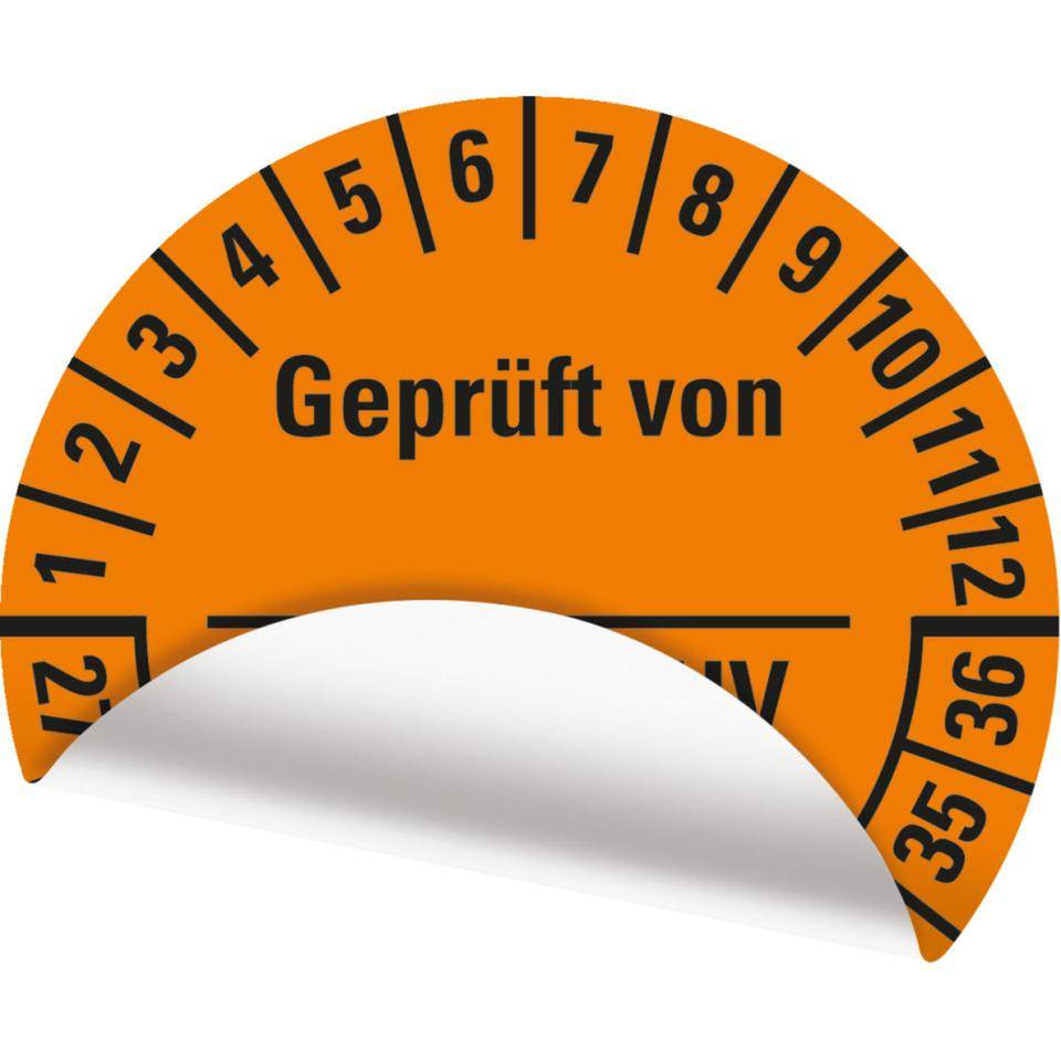 Prüfplakette Geprüft DGUV Vorschrift 3, 27-36, orange, Folie, ablösbar, Ø 25mm, 500/Rolle