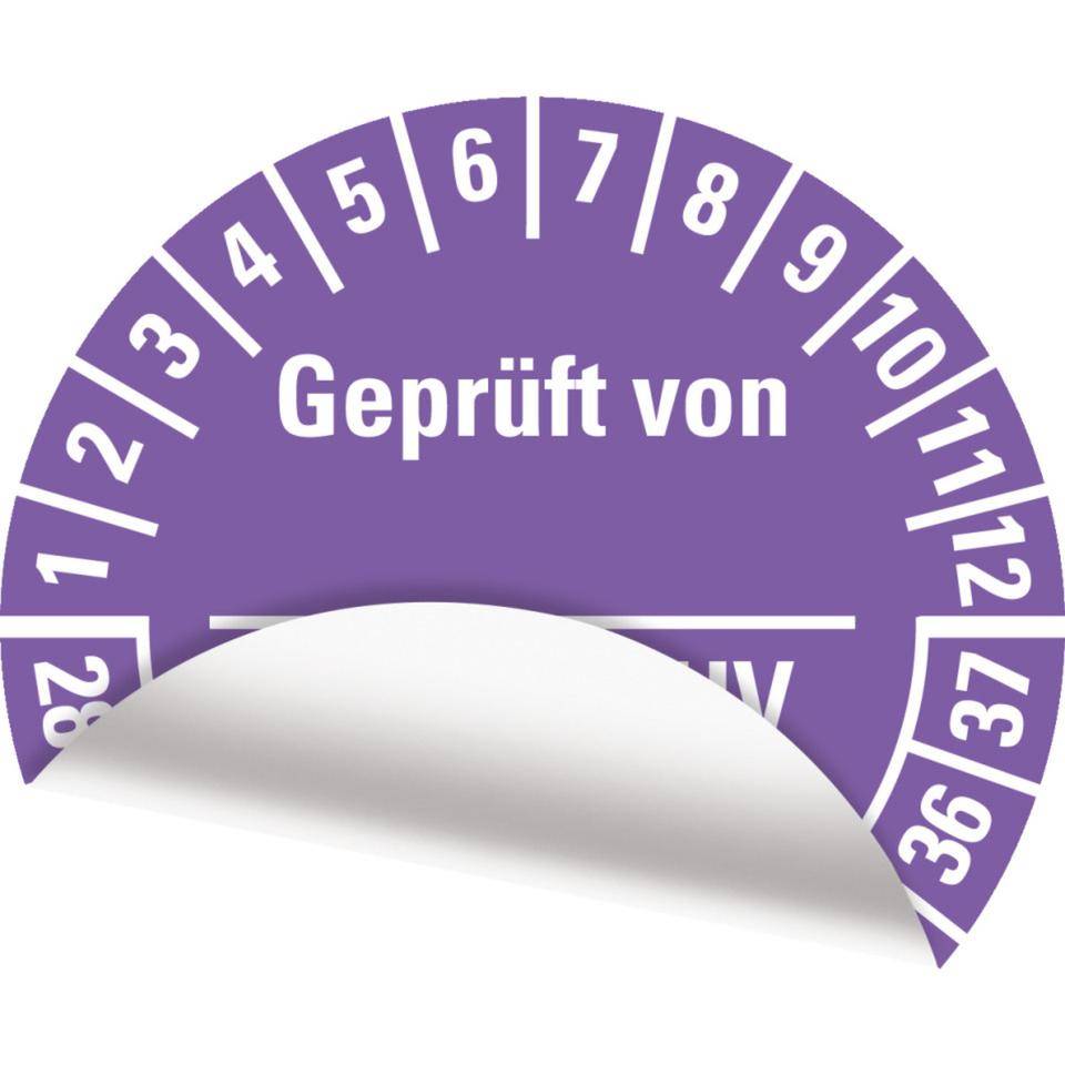 Prüfplakette geprüft DGUV Vorschrift 3, 28-37, violett, Folie, ablösbar, Ø 25mm, 21/Bogen