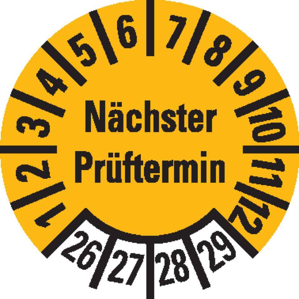 Prüfplakette Nächster Prüftermin 26-29, gelb, Folie, ablösbar, Ø10mm, 1000/Rolle