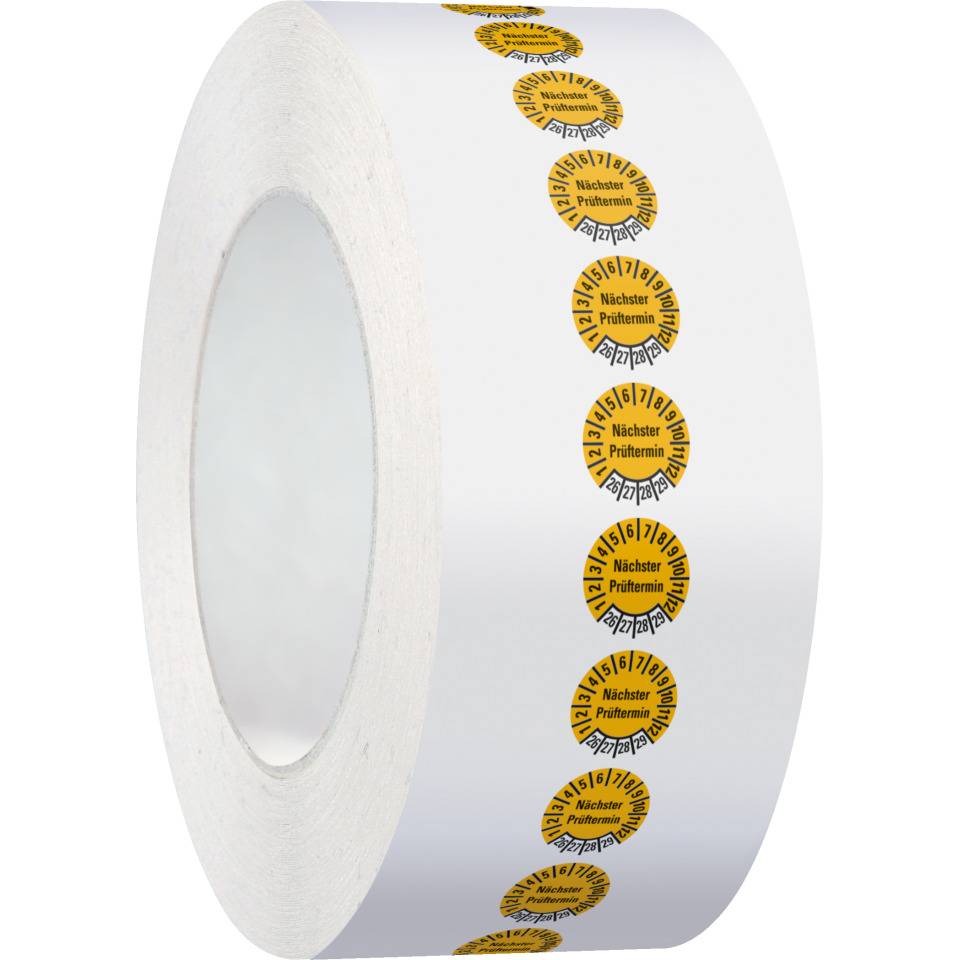 Prüfplakette, Nächster Prüftermin 26-29, gelb, Dokumentenfolie, Ø 10mm, 1000/Rolle