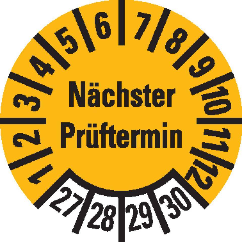 Prüfplakette, Nächster Prüftermin 27-30, gelb, Dokumentenfolie, Ø 10mm, 1000/Rolle