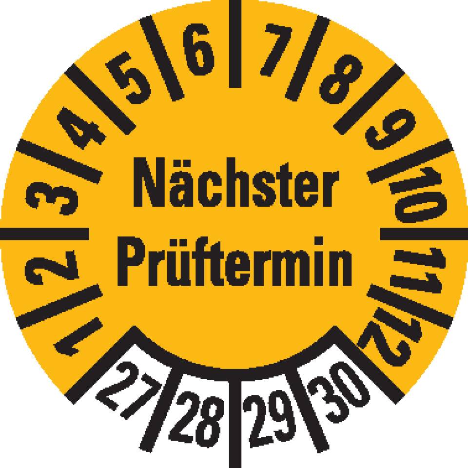 Prüfplakette Nächster Prüftermin 27-30, gelb, Dokumentenfolie, Ø 10mm, 128/Bogen