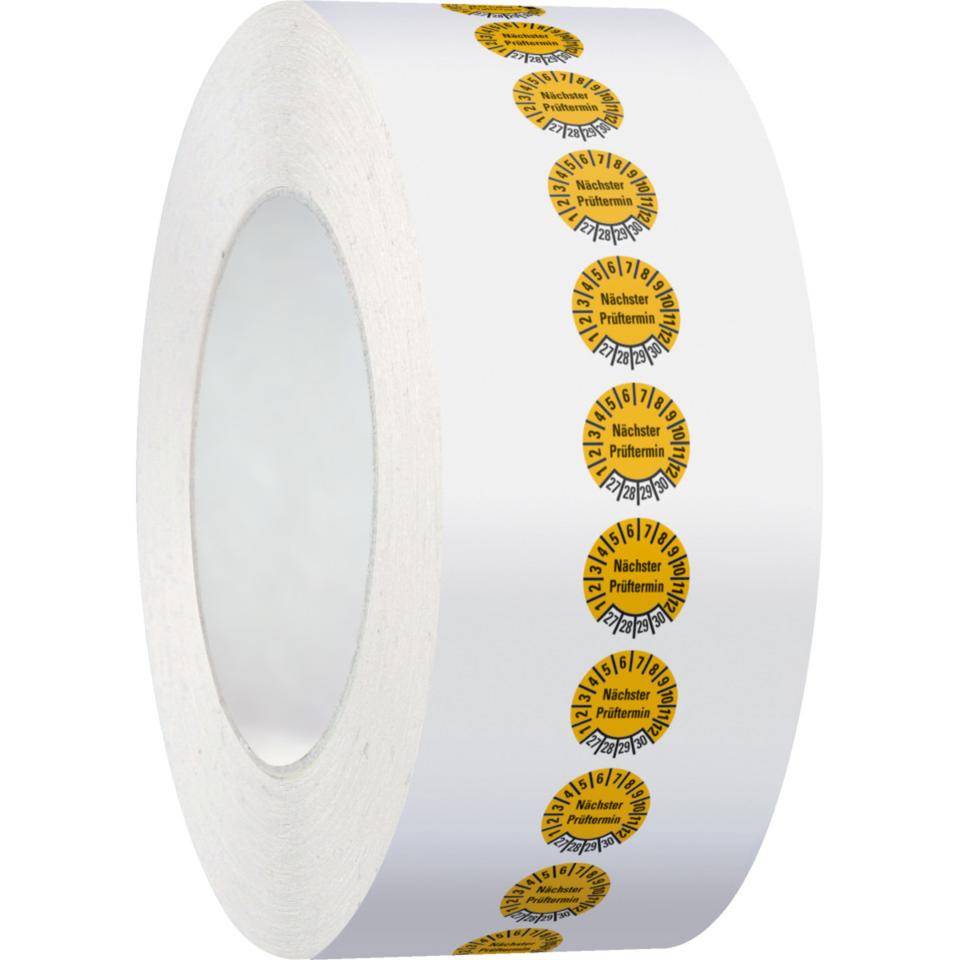 Prüfplakette, Nächster Prüftermin 27-30, gelb, Dokumentenfolie, Ø 10mm, 1000/Rolle