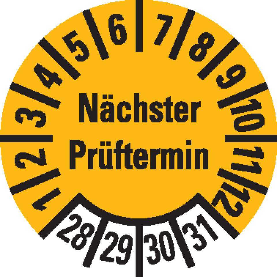 Prüfplakette Nächster Prüftermin, 28-31, gelb, Dokumentenfolie, Ø 10mm, 384/Heft
