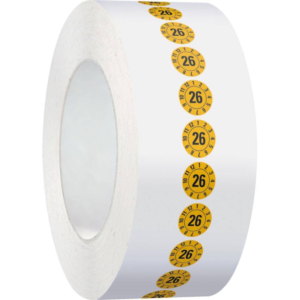 Prüfplakette 26, gelb, Folie, ablösbar, Ø 10mm, 1000/Rolle