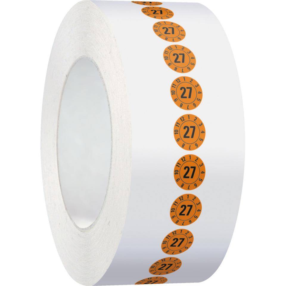 Prüfplakette 27, orange, Folie, ablösbar, Ø 10mm, 1000/Rolle