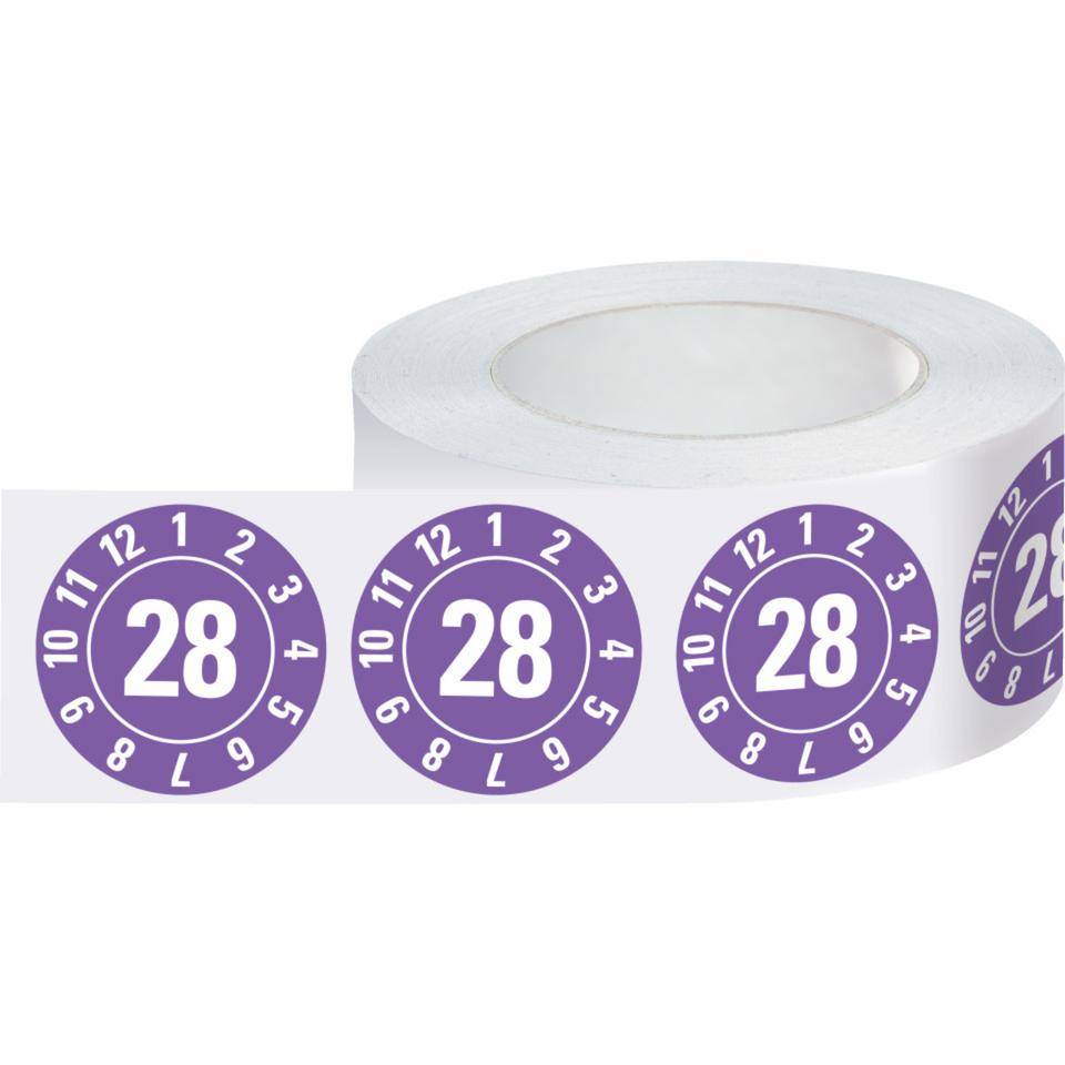 Jahresprüfplakette 28, violett, Dokumentenfolie, Ø 20mm, 500/Rolle