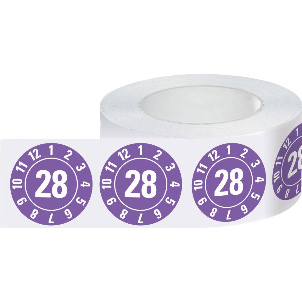 Jahresprüfplakette 28, violett, Dokumentenfolie, Ø 20mm, 500/Rolle