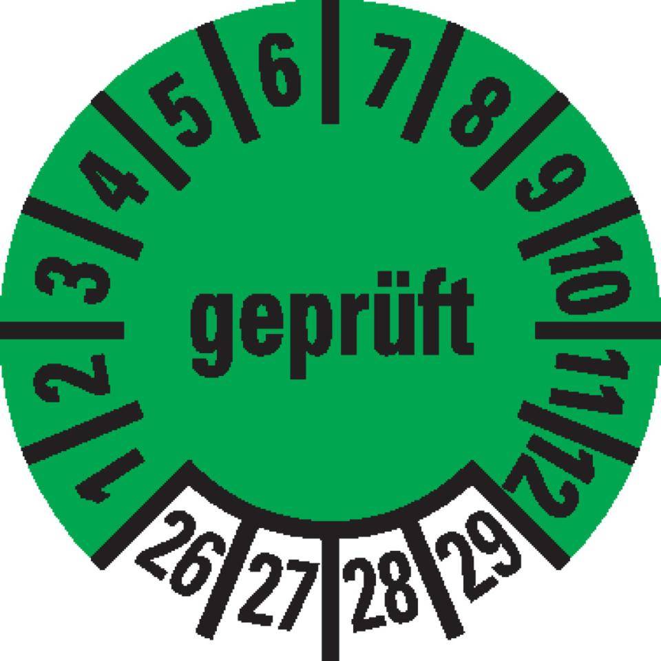 Prüfplakette geprüft 26-29, grün, Dokumentenfolie, Ø 10mm, 1000/Rolle