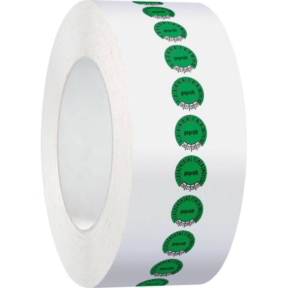 Prüfplakette geprüft 26-29, grün, Dokumentenfolie, Ø 10mm, 1000/Rolle