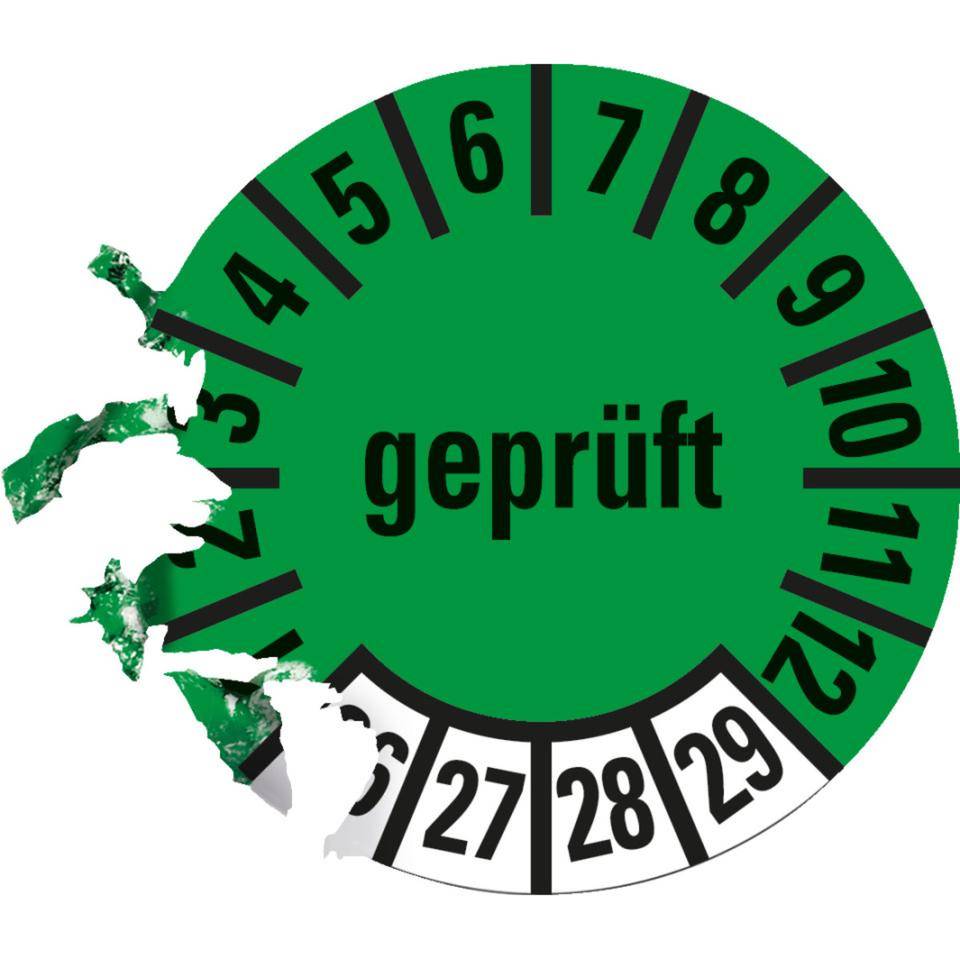 Prüfplakette geprüft 26-29, grün, Dokumentenfolie, Ø 10mm, 1000/Rolle