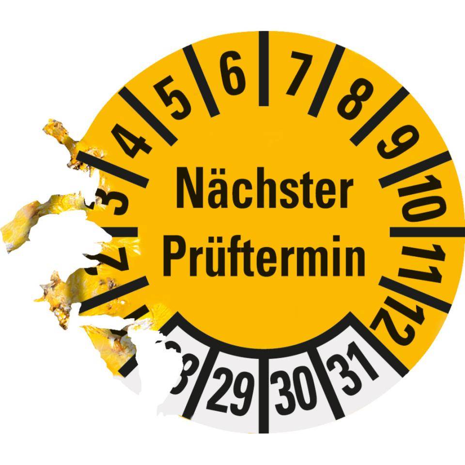Prüfplakette, Nächster Prüftermin 28-31, gelb, Dokumentenfolie, Ø 10mm, 1000/Rolle