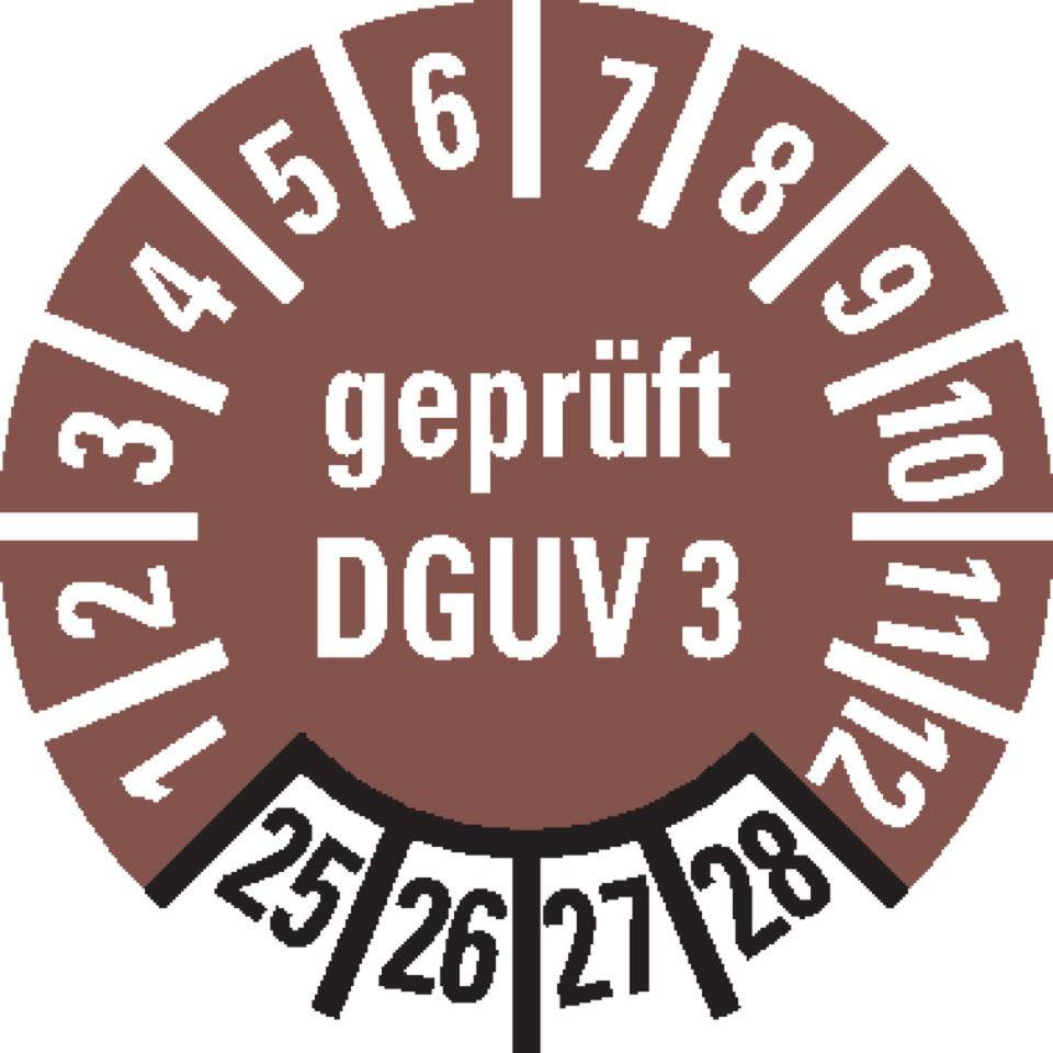 Prüfplakette geprüft DGUV 3, 25-28, braun, Folie, ablösbar, Ø 10mm, 128/Bogen