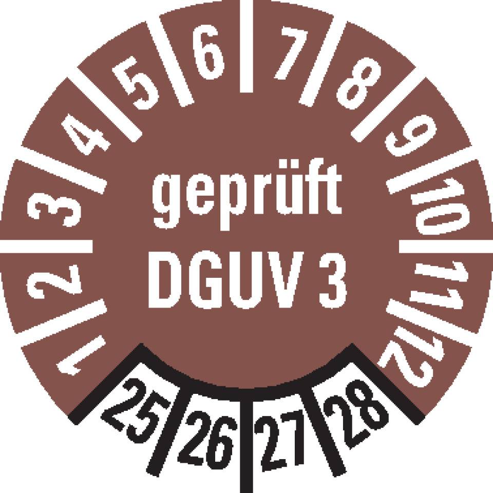 Prüfplakette geprüft DGUV Vorschrift 3,25-28,braun,Folie,ablösbar,Ø 10mm,384/Heft