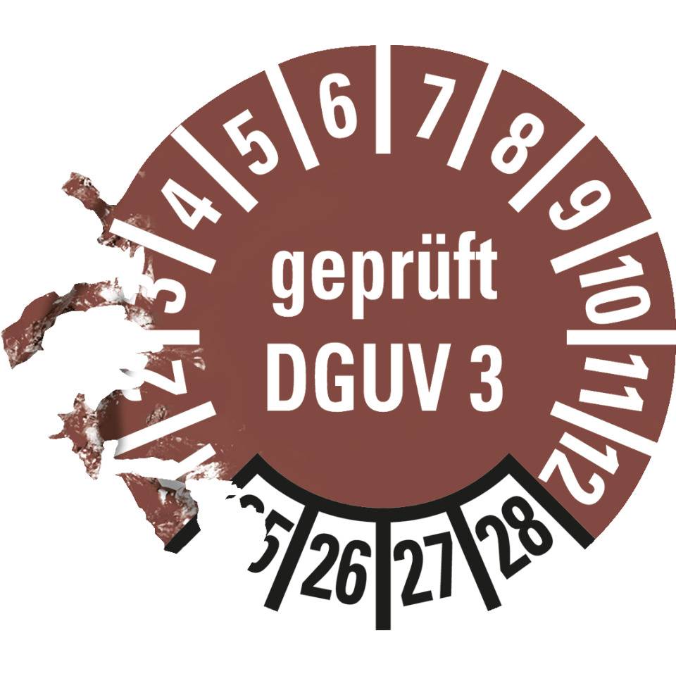 Prüfplakette,geprüft DGUV Vorschrift 3,25-28,braun,Dokumentenfolie,Ø10mm,1000/Rolle