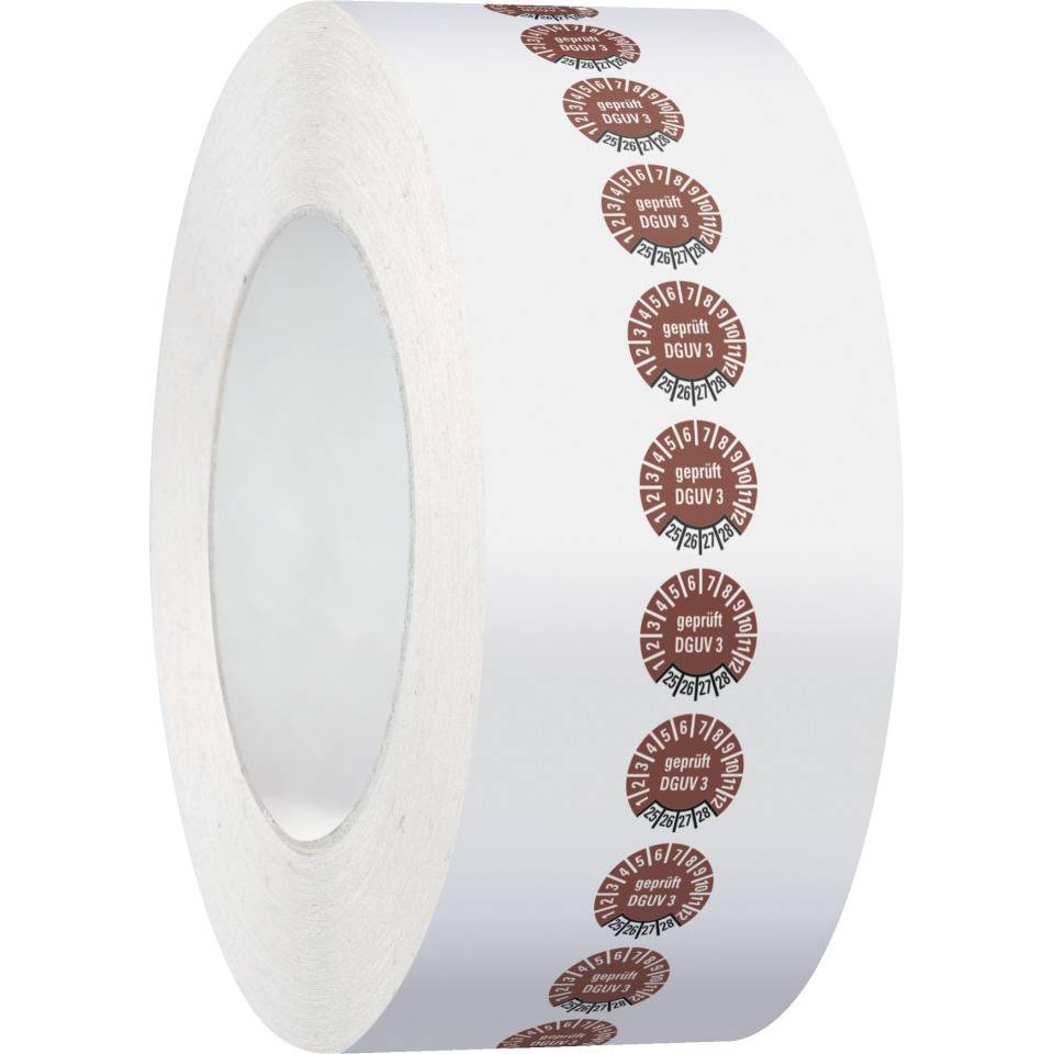 Prüfplakette,geprüft DGUV Vorschrift 3,25-28,braun,Dokumentenfolie,Ø10mm,1000/Rolle