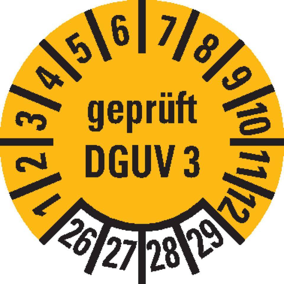 Prüfplakette, geprüft DGUV Vorschrift 3, 26-29, gelb, Dokumentenfolie, Ø10mm, 1000/Rolle