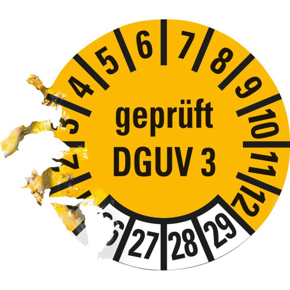 Prüfplakette, geprüft DGUV Vorschrift 3, 26-29, gelb, Dokumentenfolie, Ø10mm, 1000/Rolle