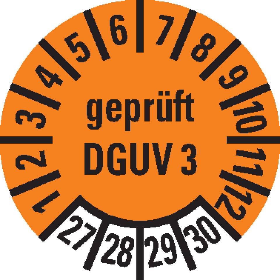 Prüfplakette, geprüft DGUV Vorschrift 3, 27-30, orange, Dokumentenfolie, Ø10mm, 1000/Rolle
