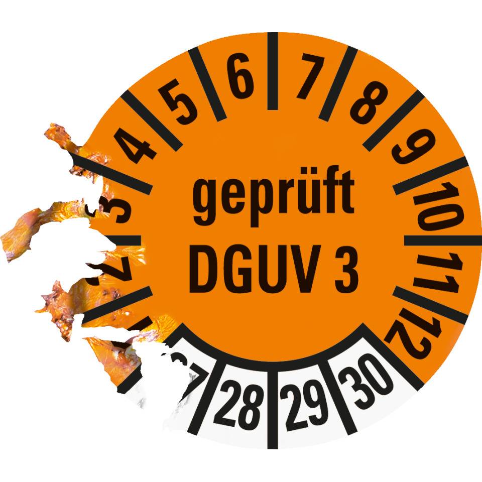 Prüfplakette geprüft nach DGUV 3 27-30, orange, Dokumentenfolie, Ø10mm, 128/Bogen